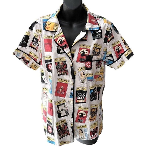 Playbill Short Sleeve Button Up V-Neck Shirt Pattern Of Playbills Women’s M - Picture 3 of 13